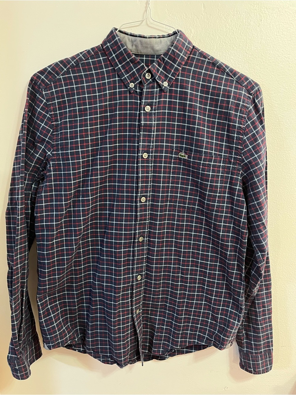 Lacoste Men’s Navy Plaid Button-Down Shirt with Red & White Accents. Adult SMALL